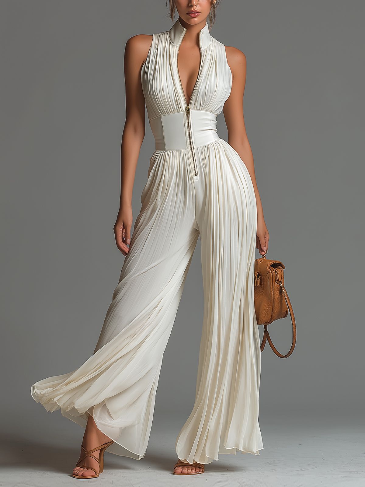 White sleeveless chiffon jumpsuit with V-neck, zipper, and wide pleated pants