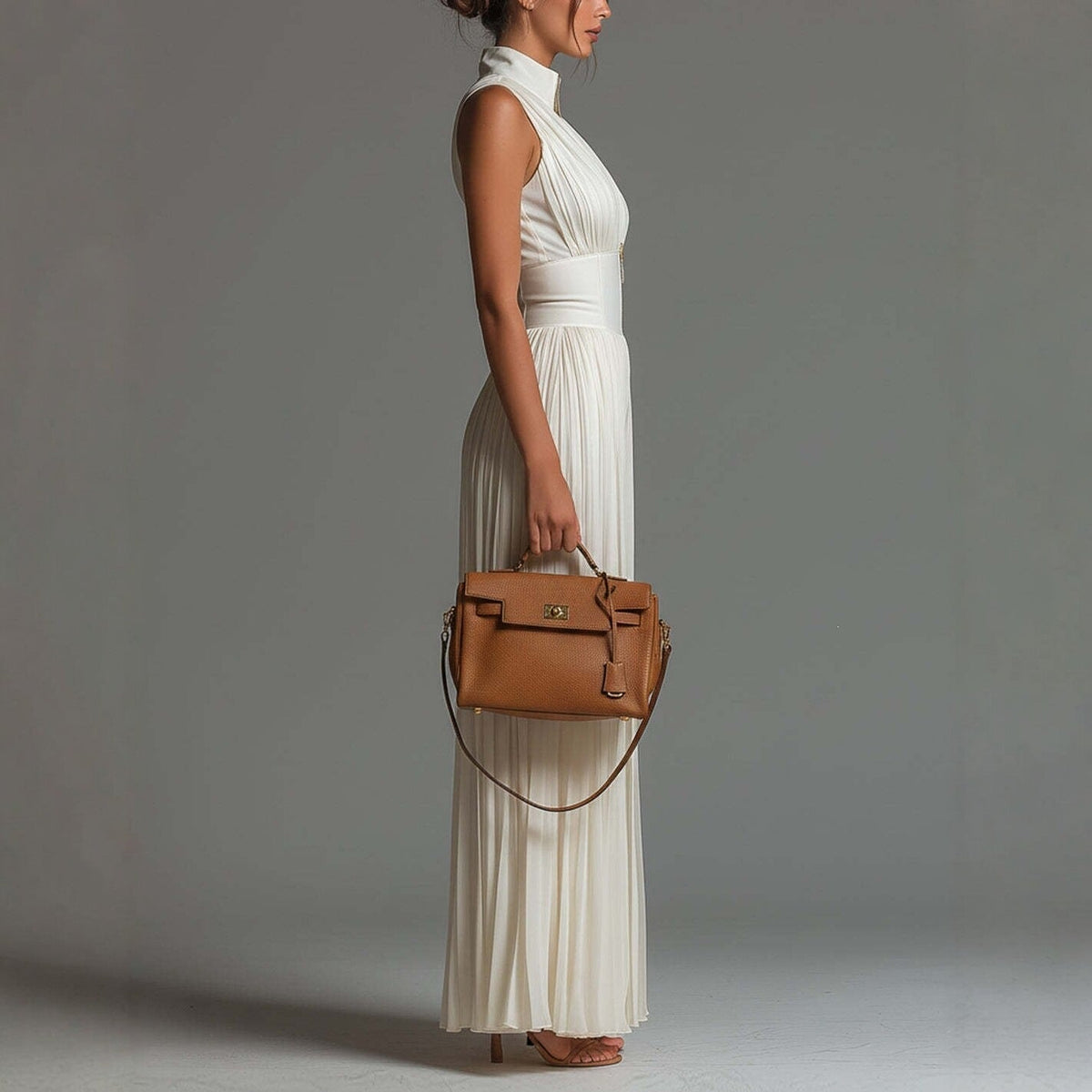 White sleeveless chiffon jumpsuit with V-neck, zipper, and wide pleated pants