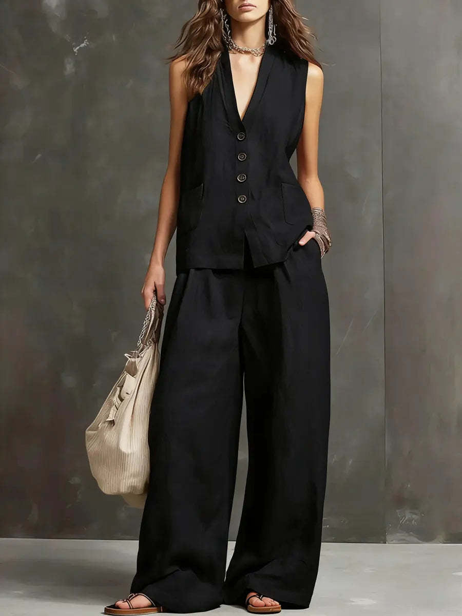 Two-piece cotton and linen outfit with sleeveless vest and wide-leg trousers