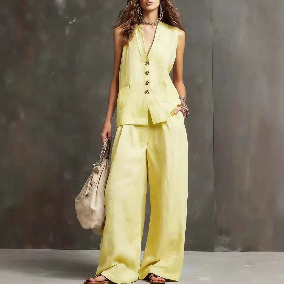 Two-piece cotton and linen outfit with sleeveless vest and wide-leg trousers