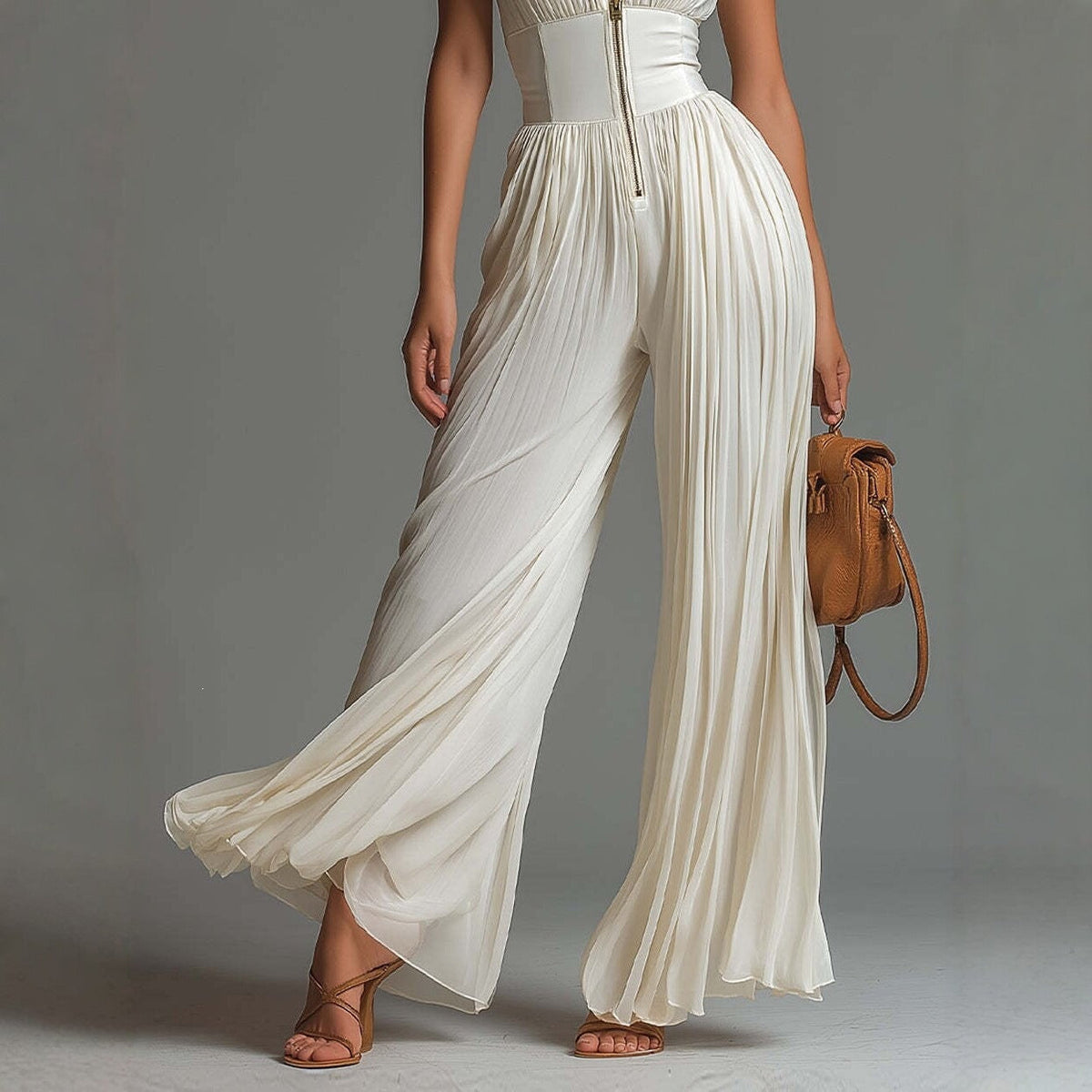 White sleeveless chiffon jumpsuit with V-neck, zipper, and wide pleated pants