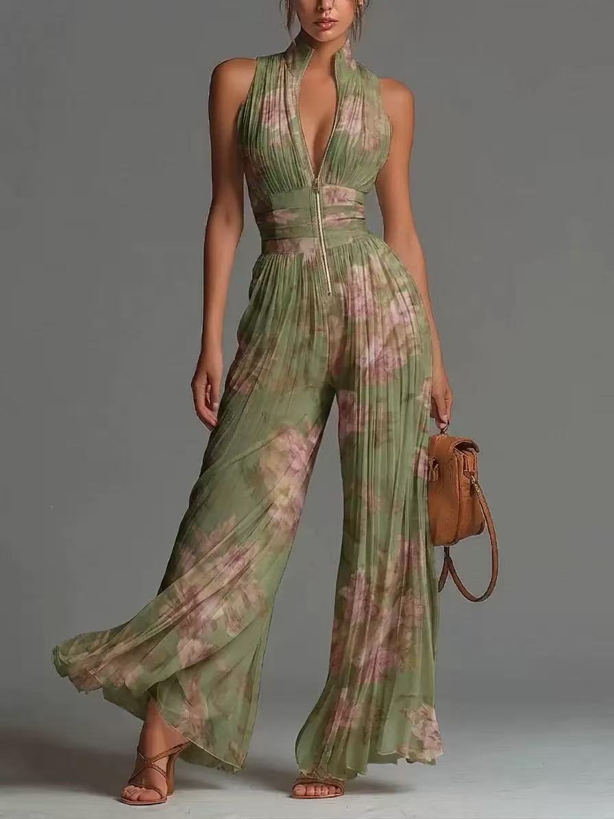White sleeveless chiffon jumpsuit with V-neck, zipper, and wide pleated pants