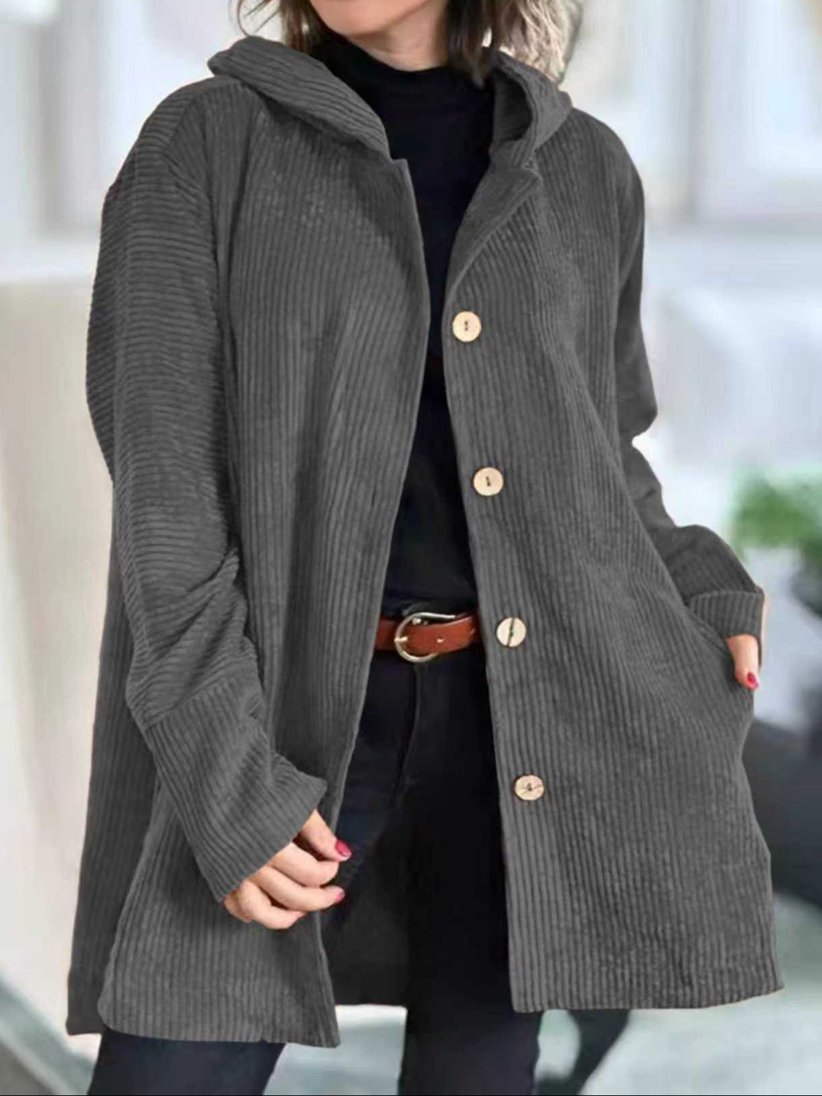 Harper | Hooded Ribbed Corduroy Button-Up Jacket
