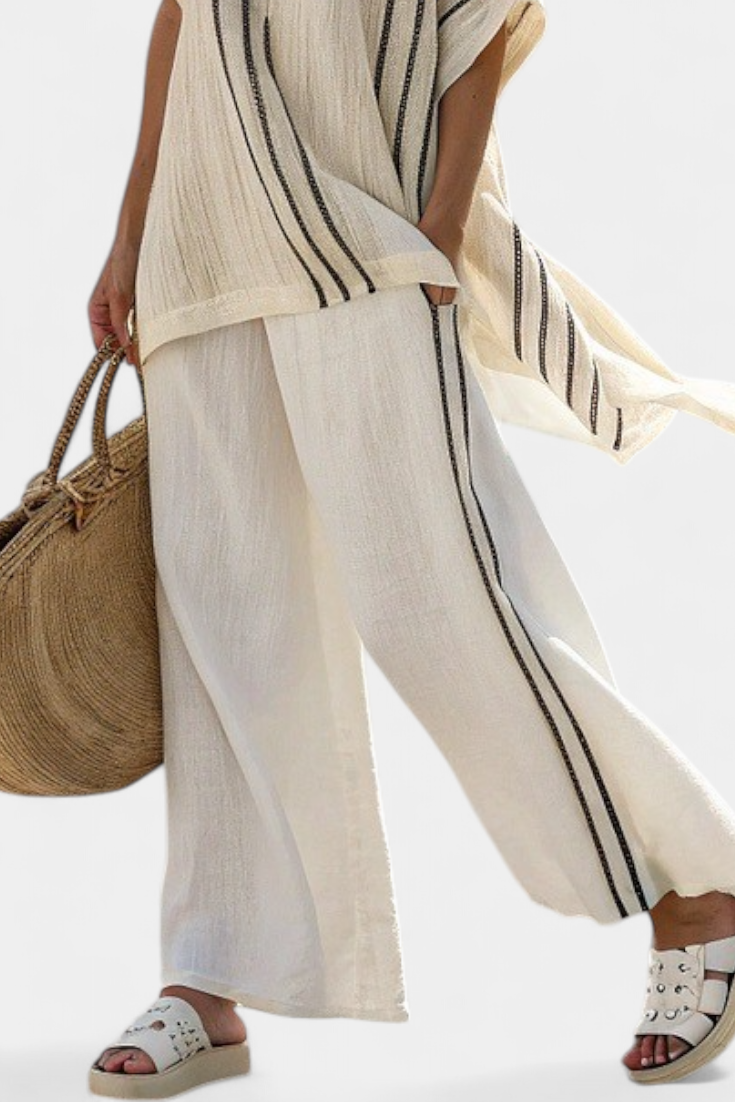 Greysen | Elegant Ivory Blouse & Black Striped Pants