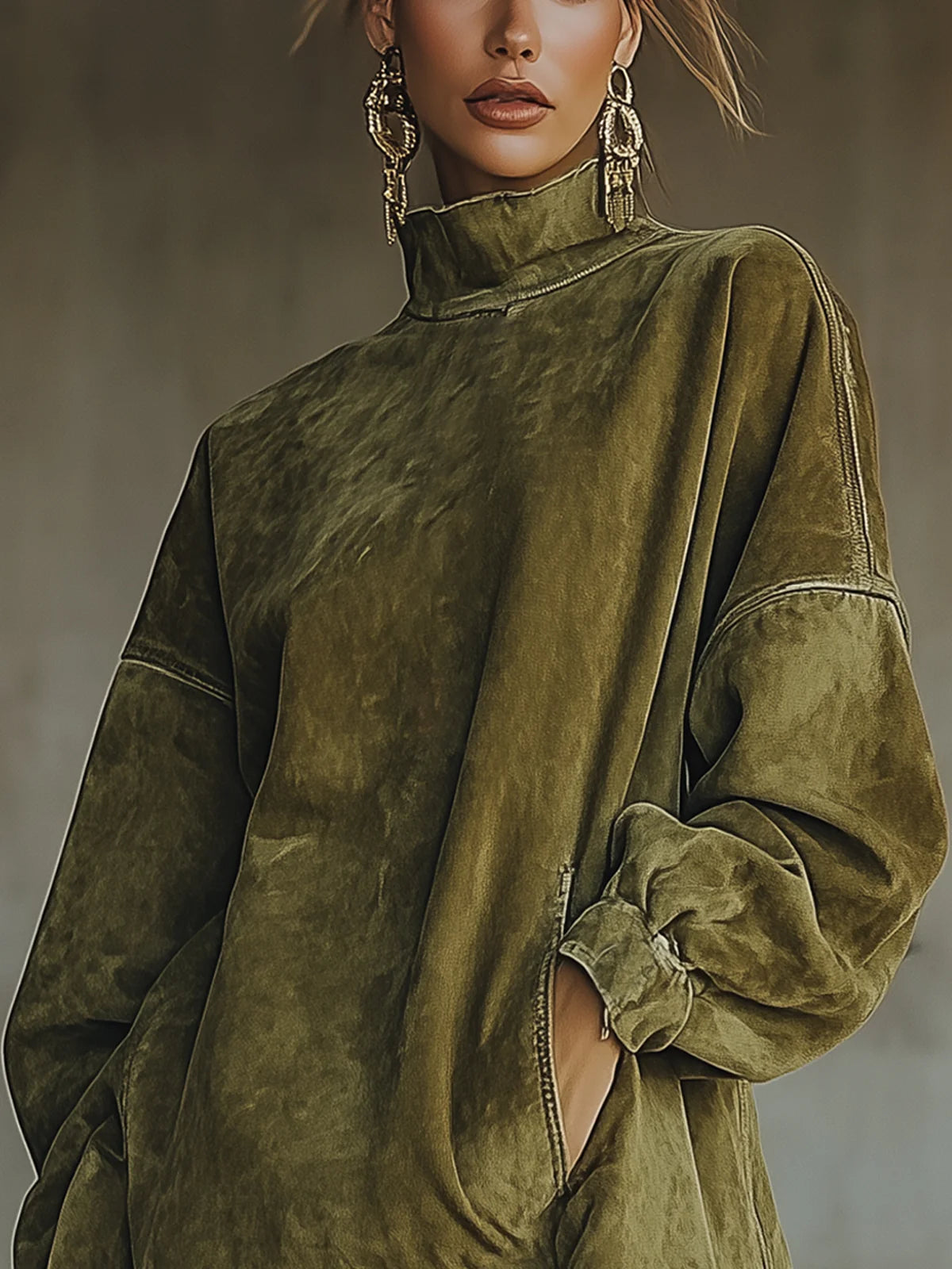 Faux Suede Dress with High Collar and Fringed Hem