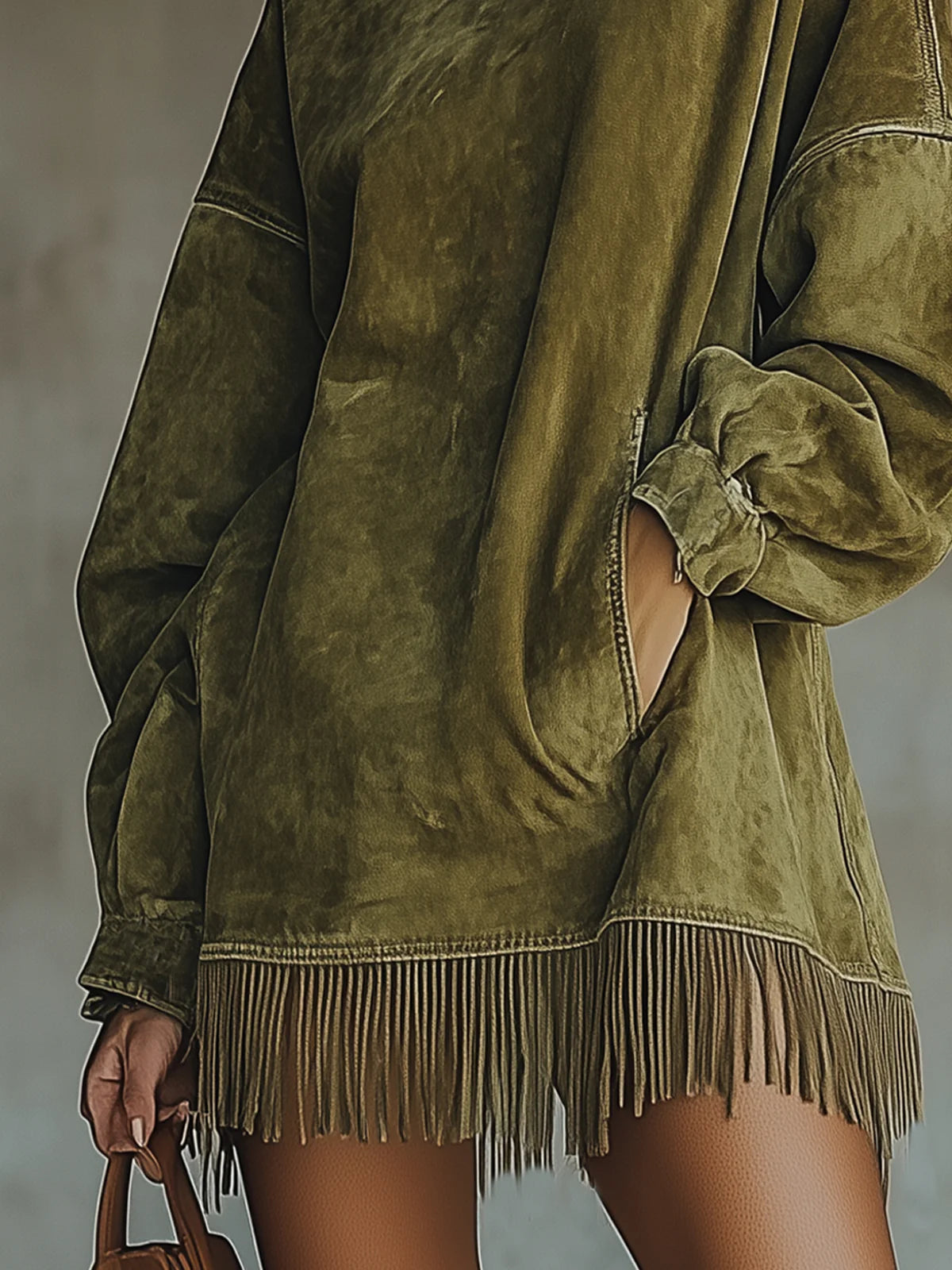 Faux Suede Dress with High Collar and Fringed Hem