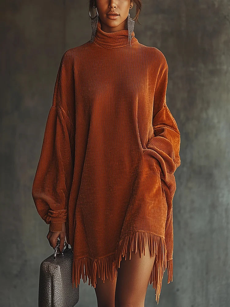 Orange Corduroy Dress with Fringed Hem and High Collar