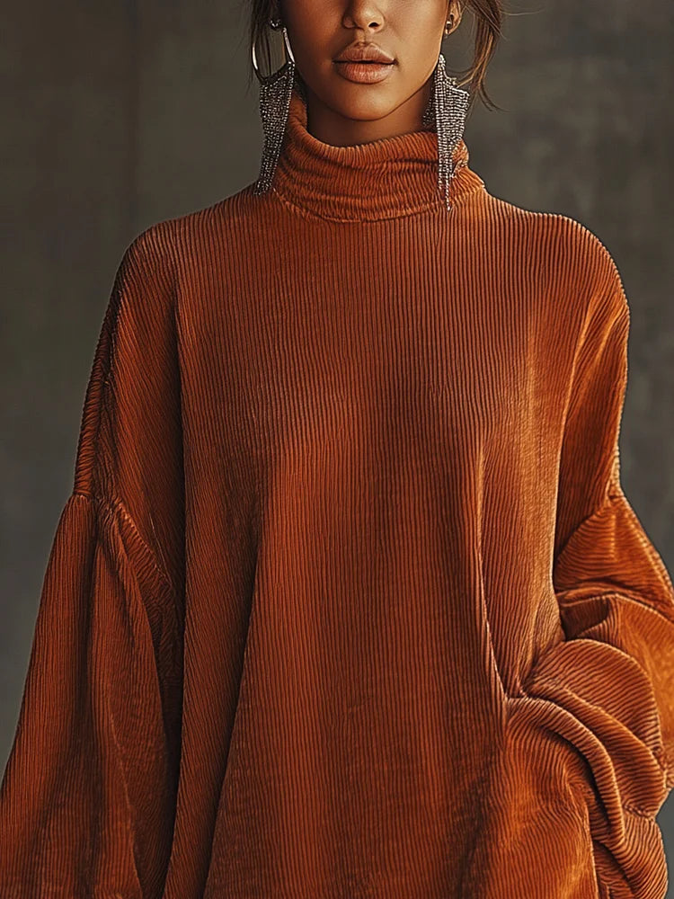 Orange Corduroy Dress with Fringed Hem and High Collar