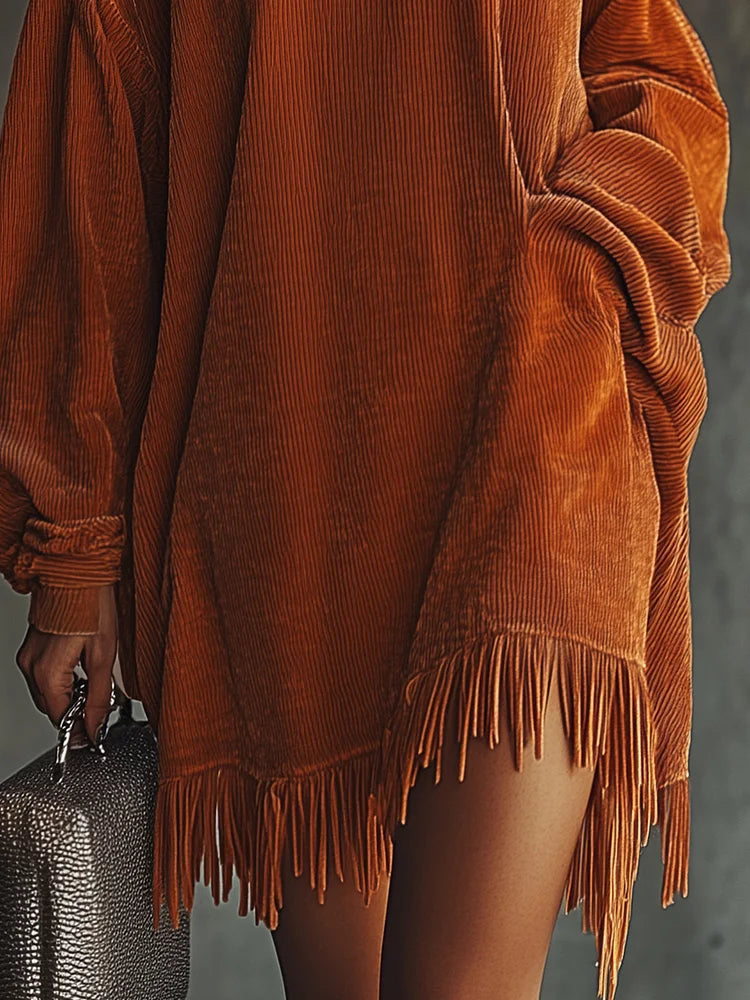 Orange Corduroy Dress with Fringed Hem and High Collar