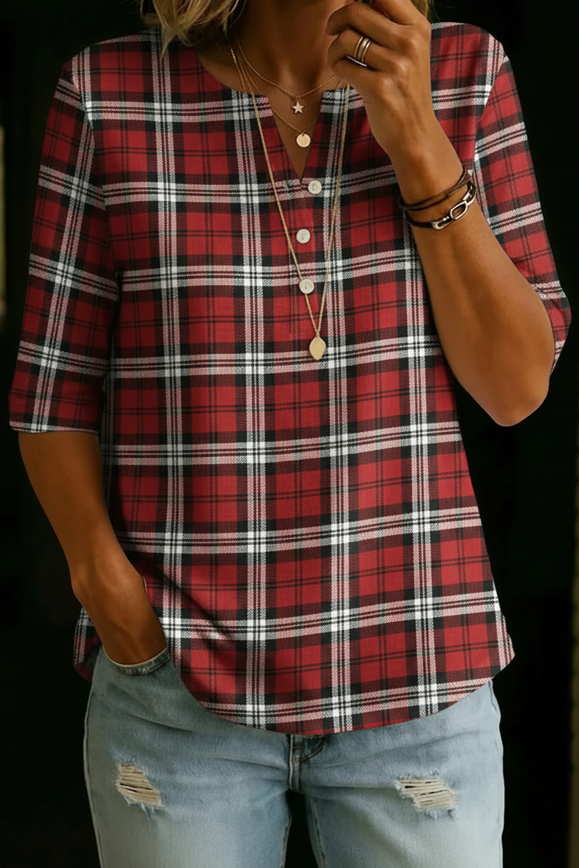 Jenn | Red Plaid Henley Top