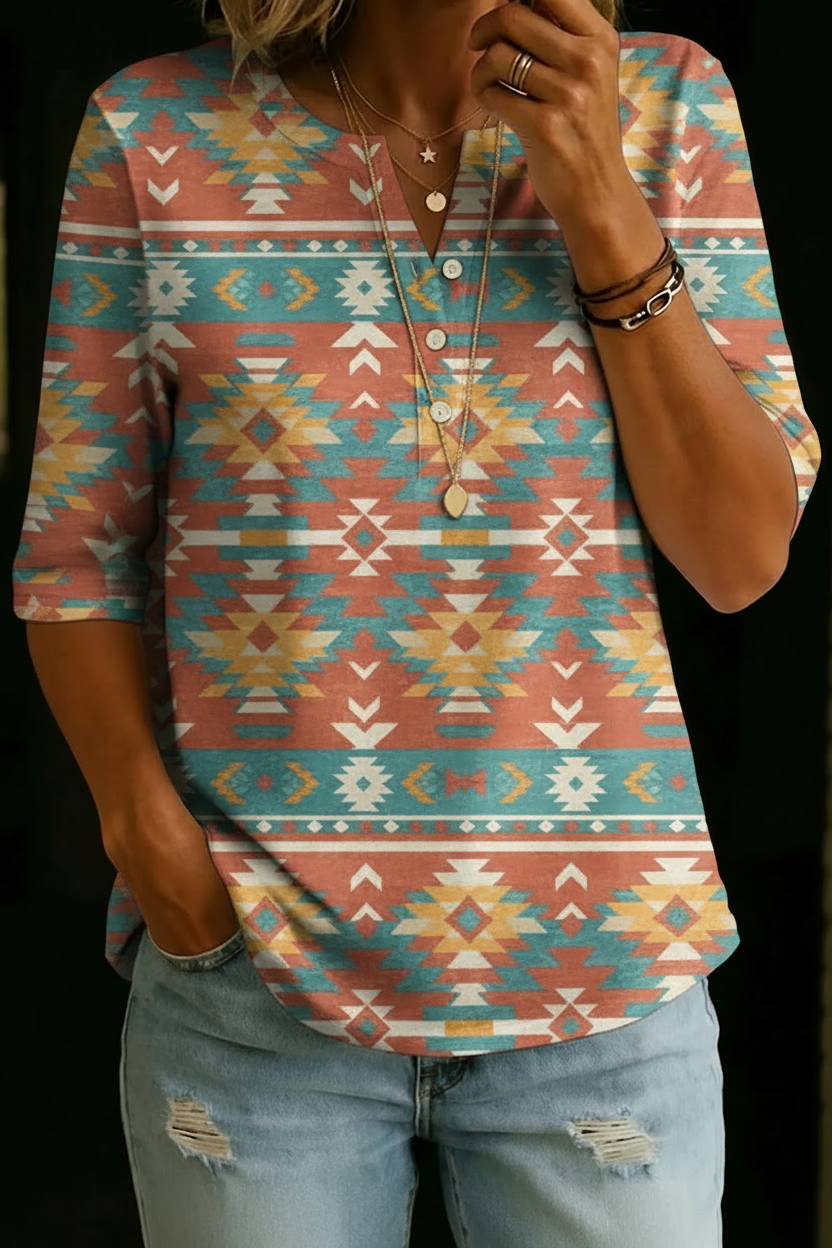 Jeannie | Aztec Geometric Henley Top