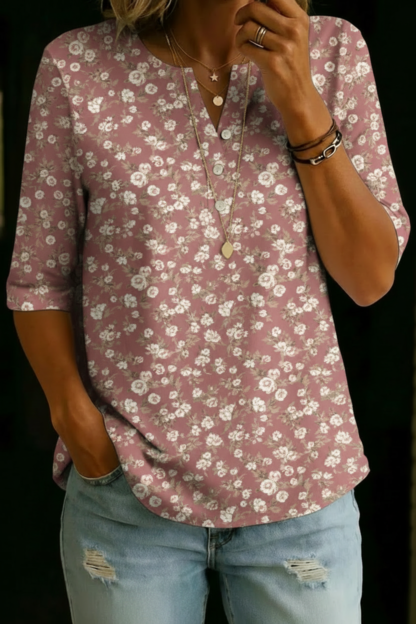 Blanca | Dusty Pink Floral Henley Top