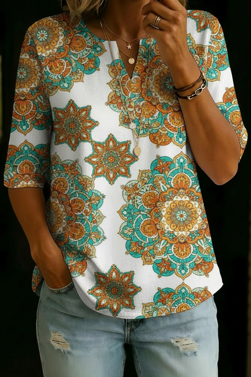 Liza | Teal Mandala Henley Top