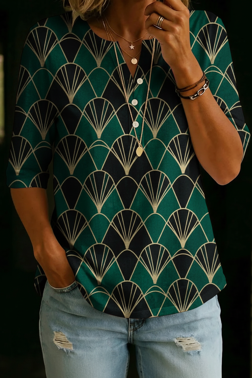 Linda | Emerald Art Deco Henley Top