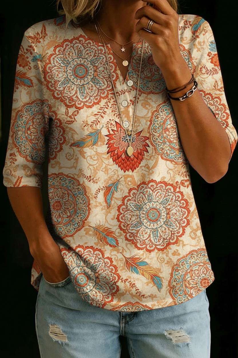 Tatiana | Beige Boho Medallion Henley Top