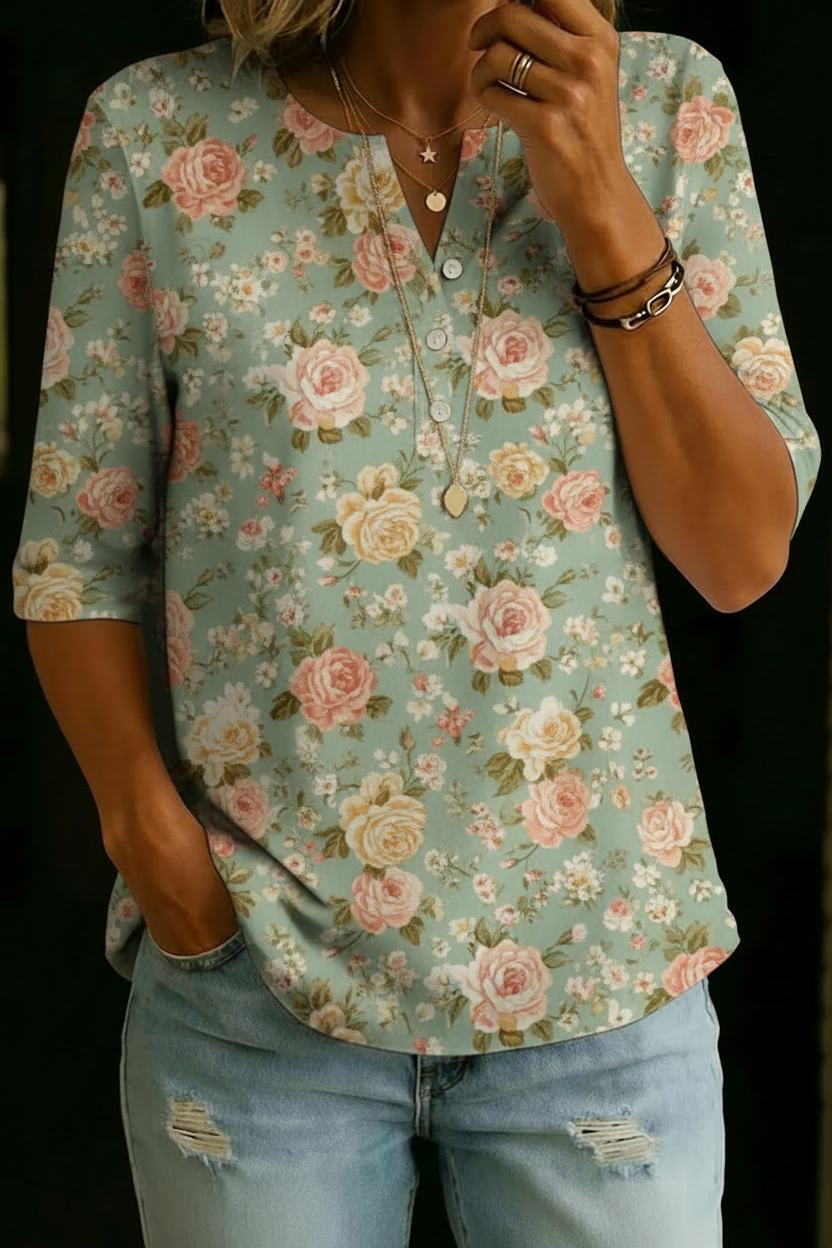 Stacey | Sage Rose Floral Henley Top