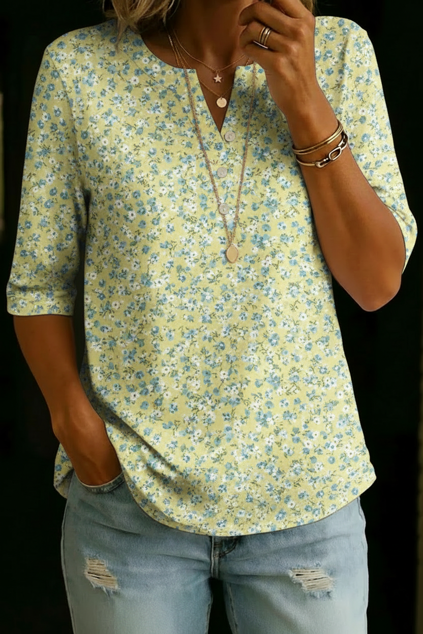 Bridget | Yellow Blue Ditsy Henley Top