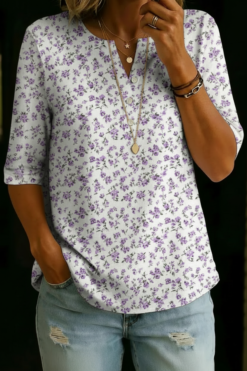 Ellen | White Purple Ditsy Henley Top