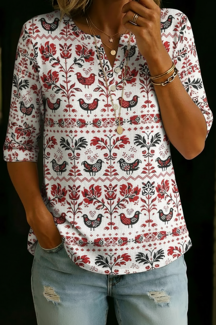 Traci | Red Folk Bird Henley Top