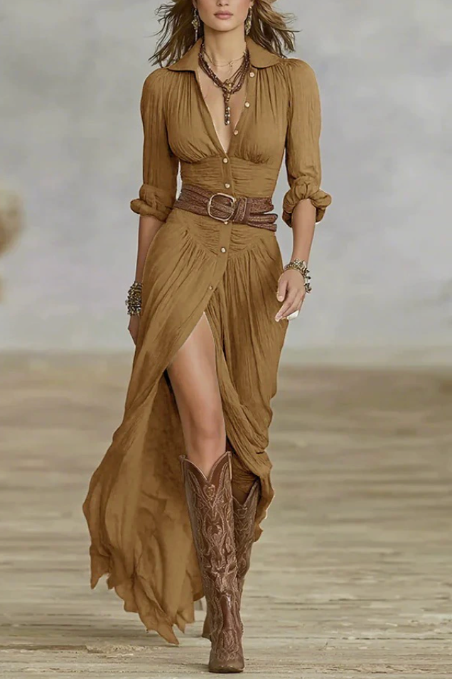 Long Maxi Dress with Notched Collar and Long Sleeves in Linen for Women