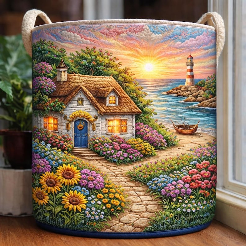 Cottage & Lighthouse Scene Quilted Laundry Basket