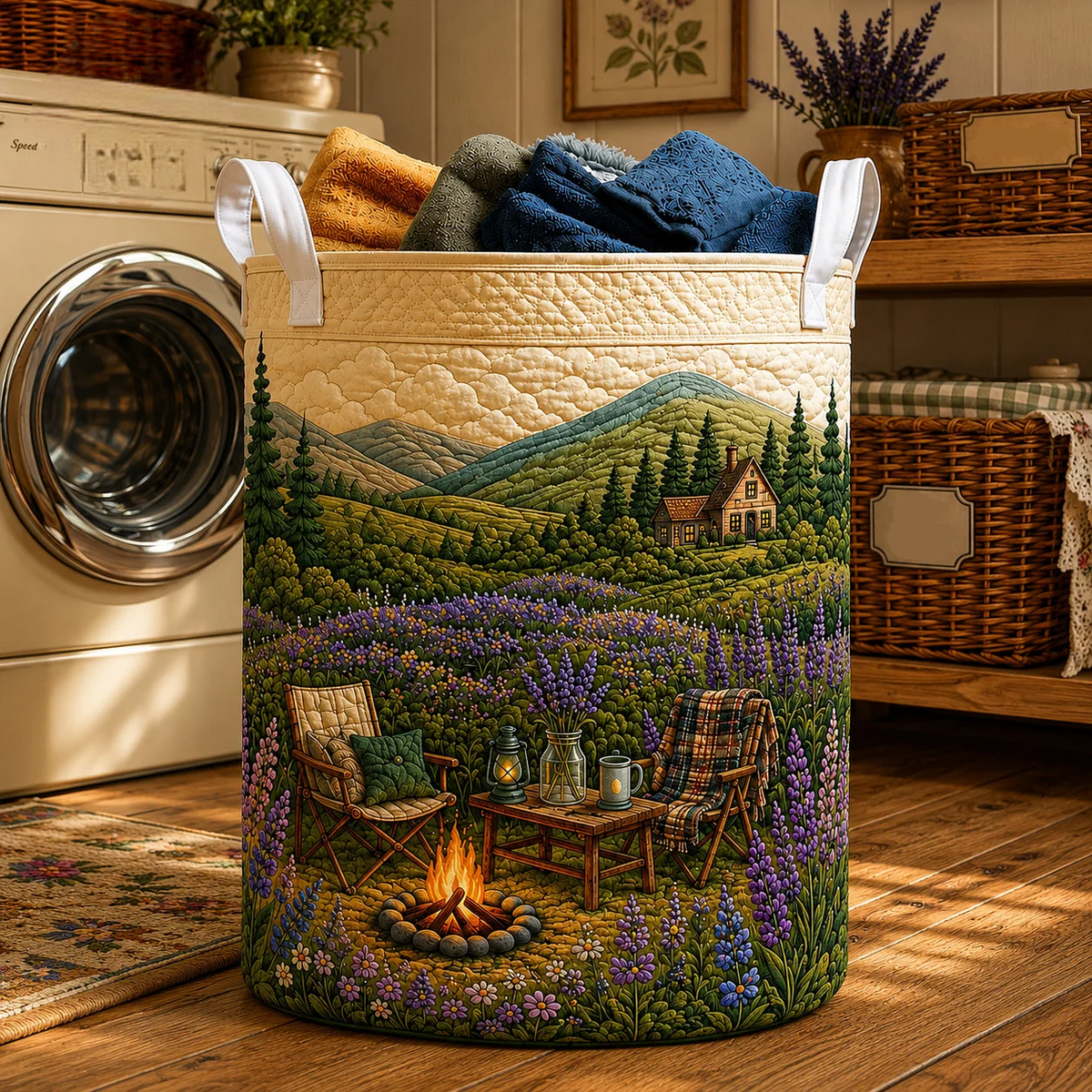 Lavender Mountain Cottage Campfire Quilted Laundry Basket