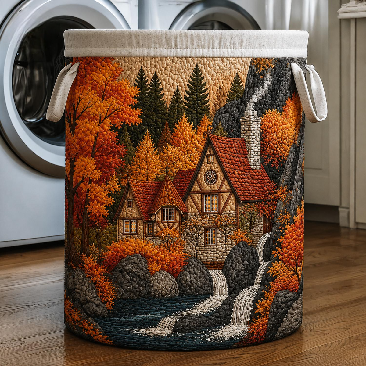 Autumn Cottage Waterfall Cabin Quilted Laundry Basket