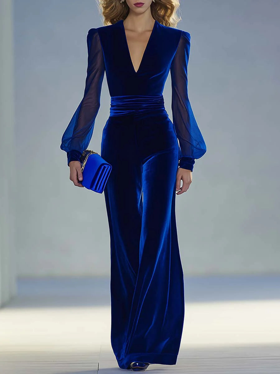 Sabrina™ - Long Velvet Jumpsuit with V-Neck and Long Sheer Sleeves, Elegant and Retro