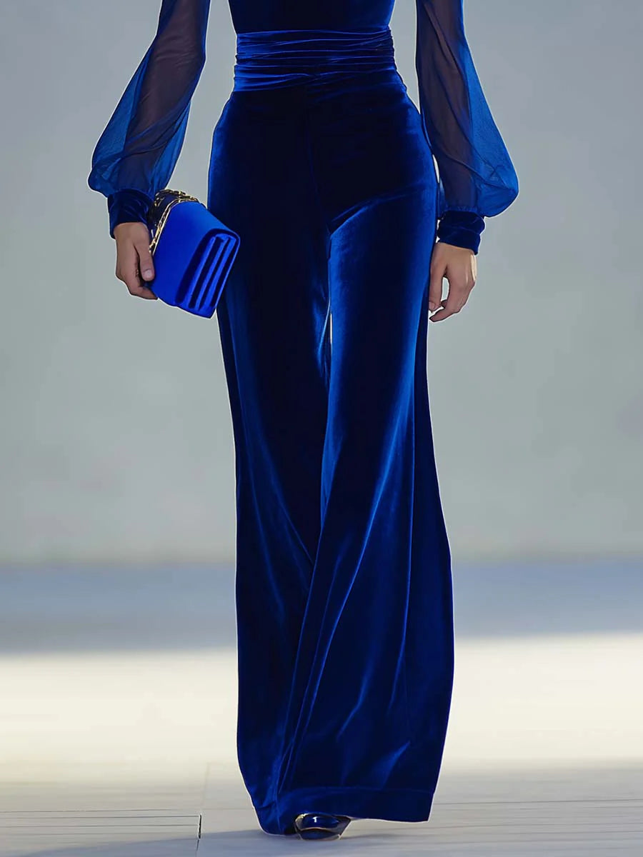 Sabrina™ - Long Velvet Jumpsuit with V-Neck and Long Sheer Sleeves, Elegant and Retro
