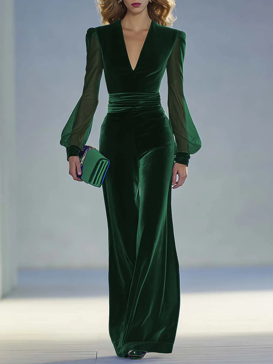 Sabrina™ - Long Velvet Jumpsuit with V-Neck and Long Sheer Sleeves, Elegant and Retro
