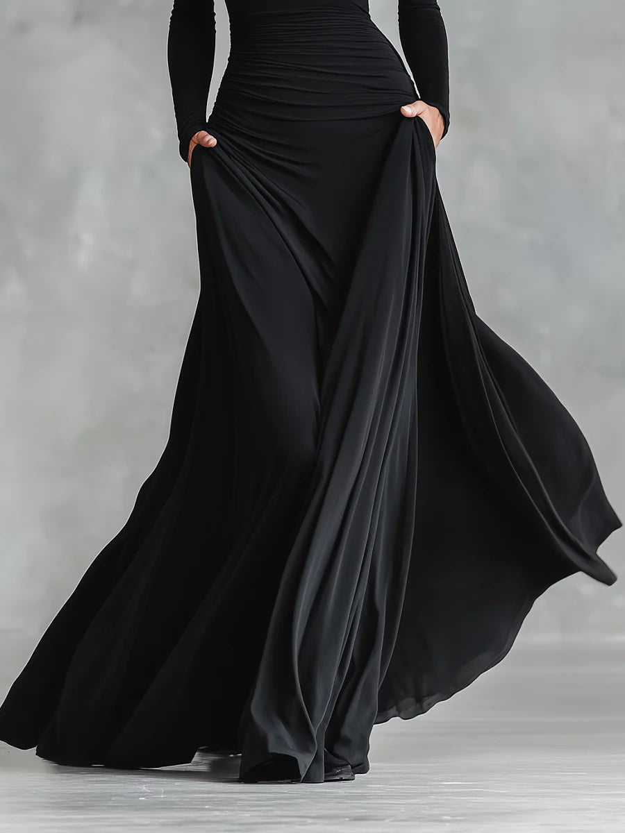Fiorella™ - Modern long dress in black crepe with pleated boat neckline