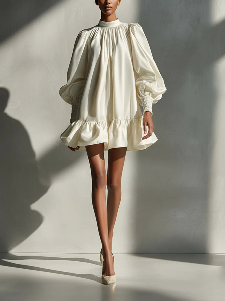 Beige Satin Mini Ruffle Dress with Puff Sleeves