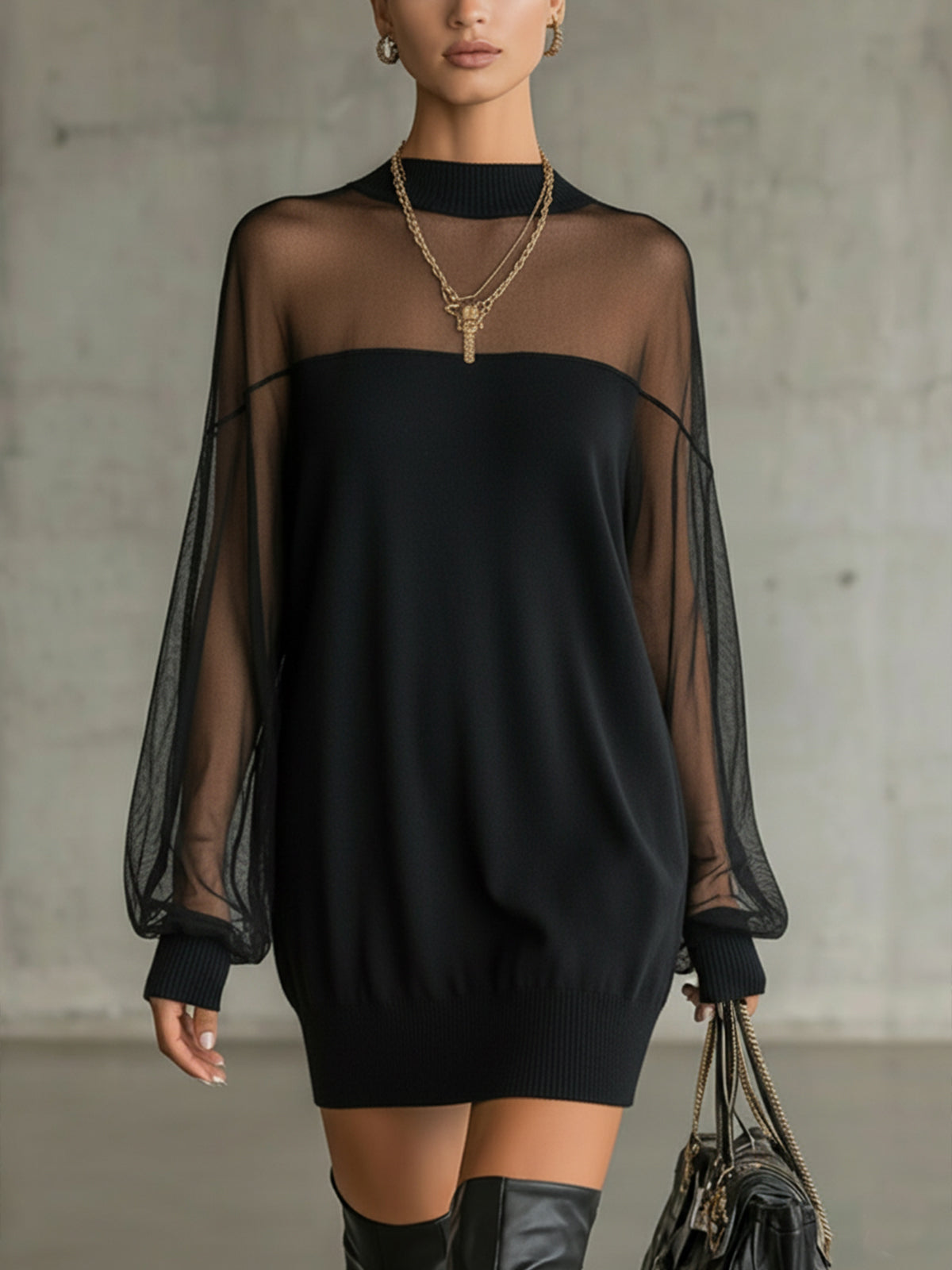 Black Mini Dress with Sheer Mesh Sleeves and High Neck