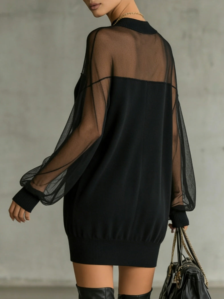 Black Mini Dress with Sheer Mesh Sleeves and High Neck