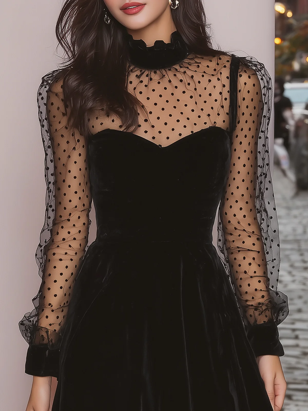 Black Velvet Mini Dress with Sheer Polka Dot Sleeves