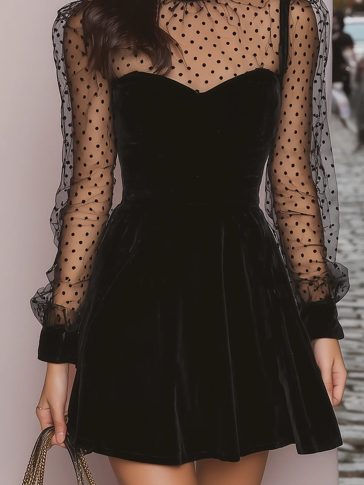 Black Velvet Mini Dress with Sheer Polka Dot Sleeves