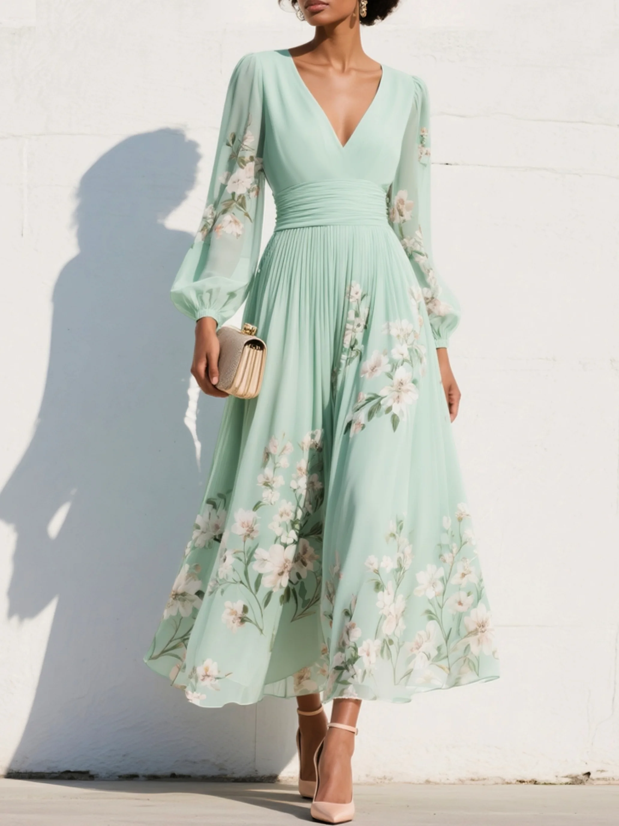 Marisella | Light Green Floral Midi Dress