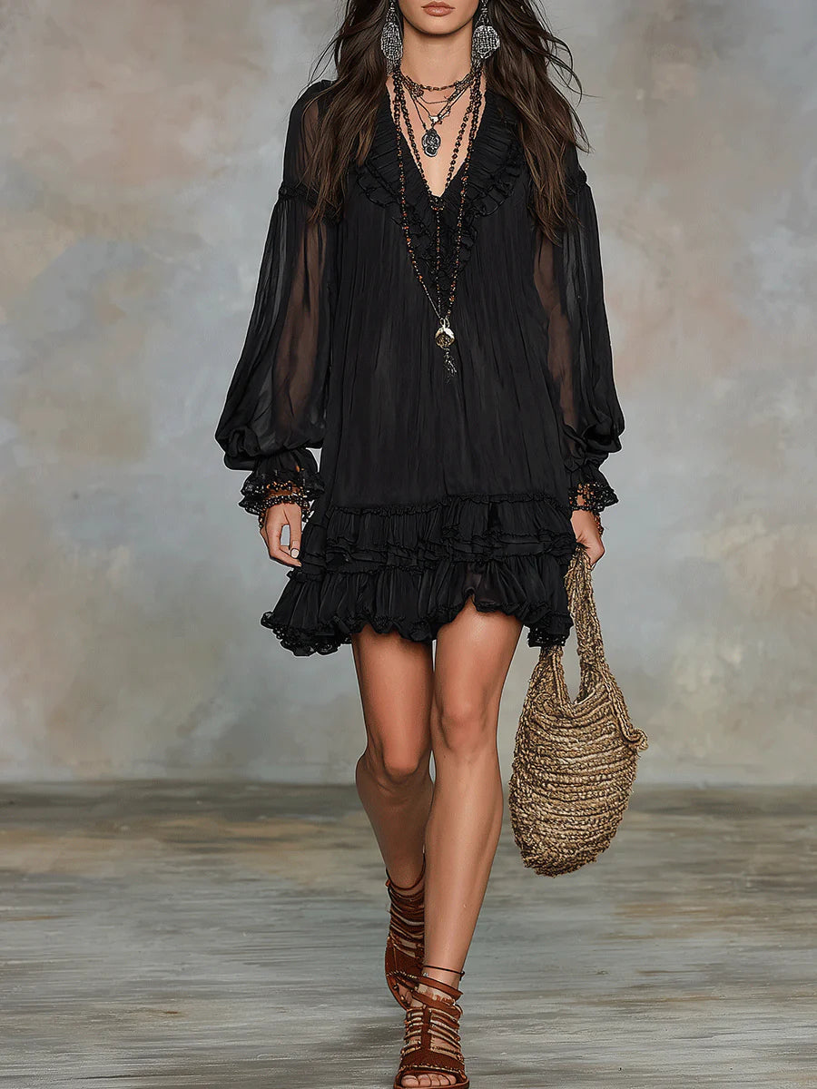 Black Chiffon Mini Dress with Lantern Sleeves and Ruffles