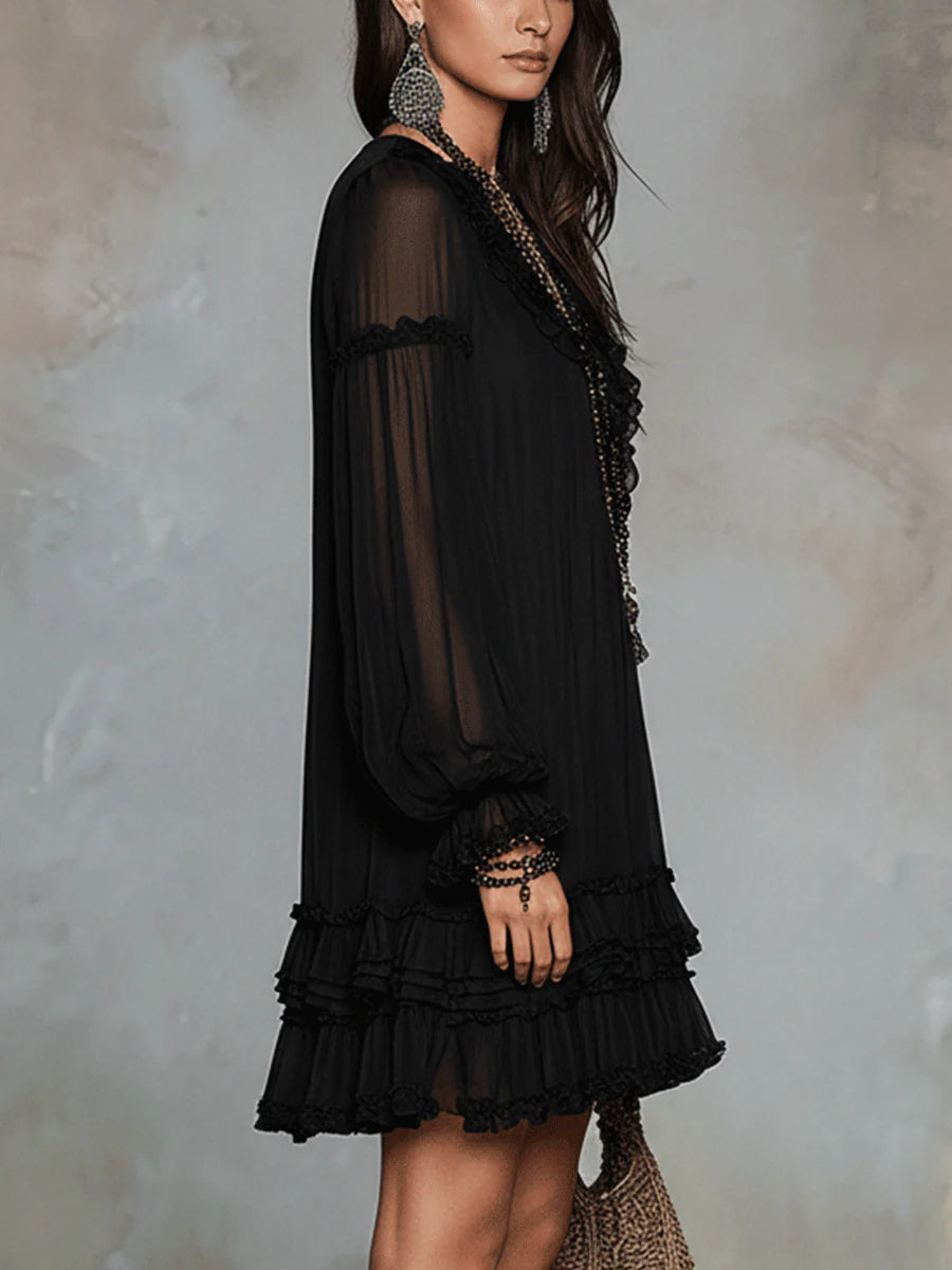 Black Chiffon Mini Dress with Lantern Sleeves and Ruffles