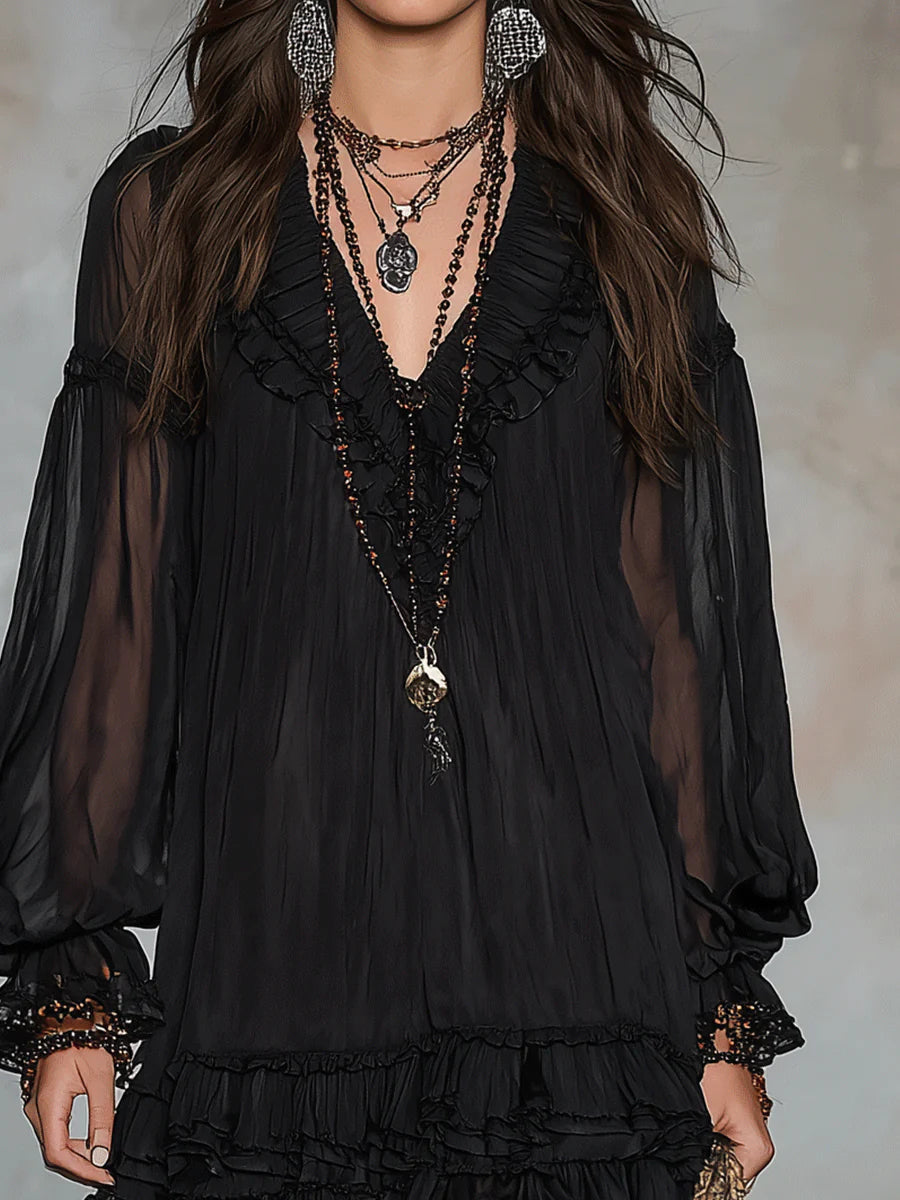 Black Chiffon Mini Dress with Lantern Sleeves and Ruffles