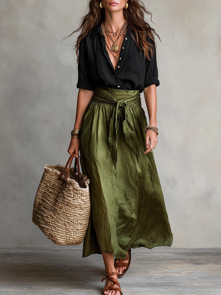 Vera – Two-piece set: black t-shirt and olive green midi skirt