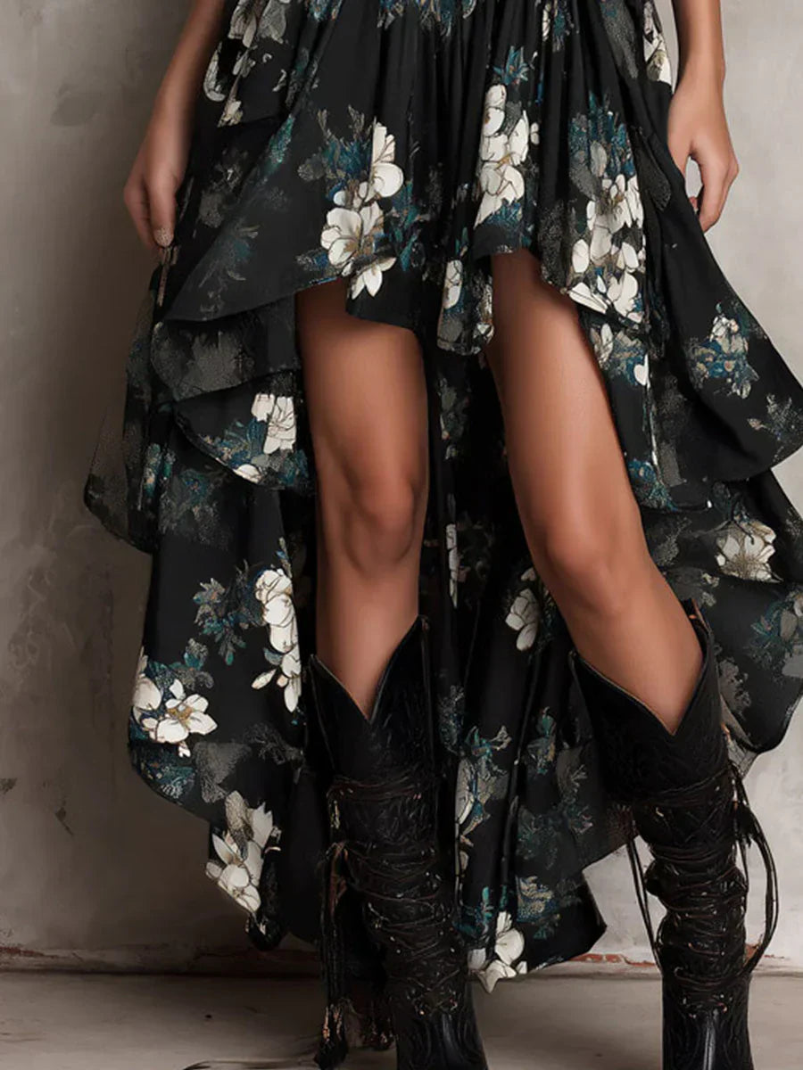 Black strapless long boho dress with floral print and asymmetric cut
