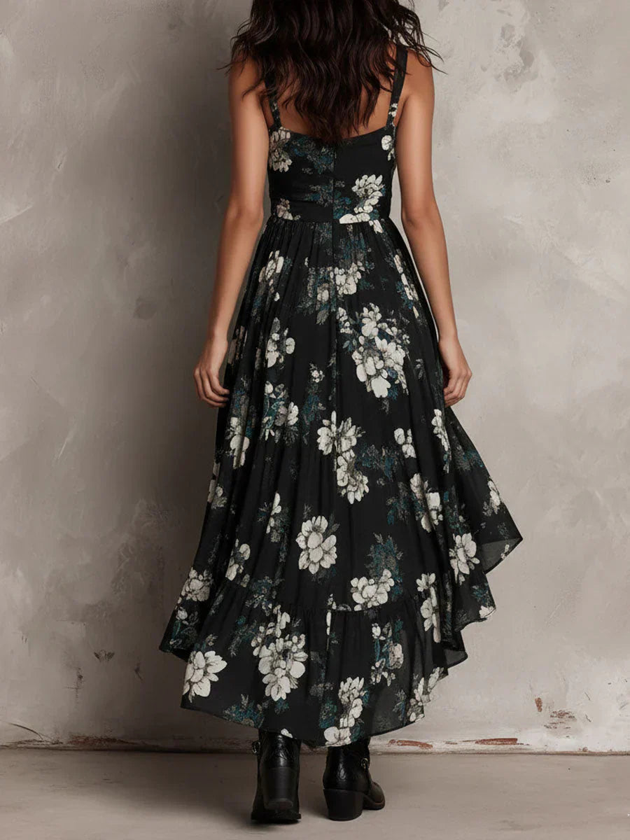 Black strapless long boho dress with floral print and asymmetric cut