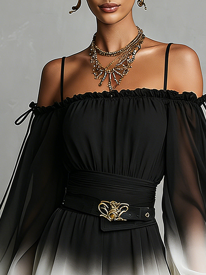 Chiffon Gradient Jumpsuit Black and White with Off-Shoulder Design (with belt)