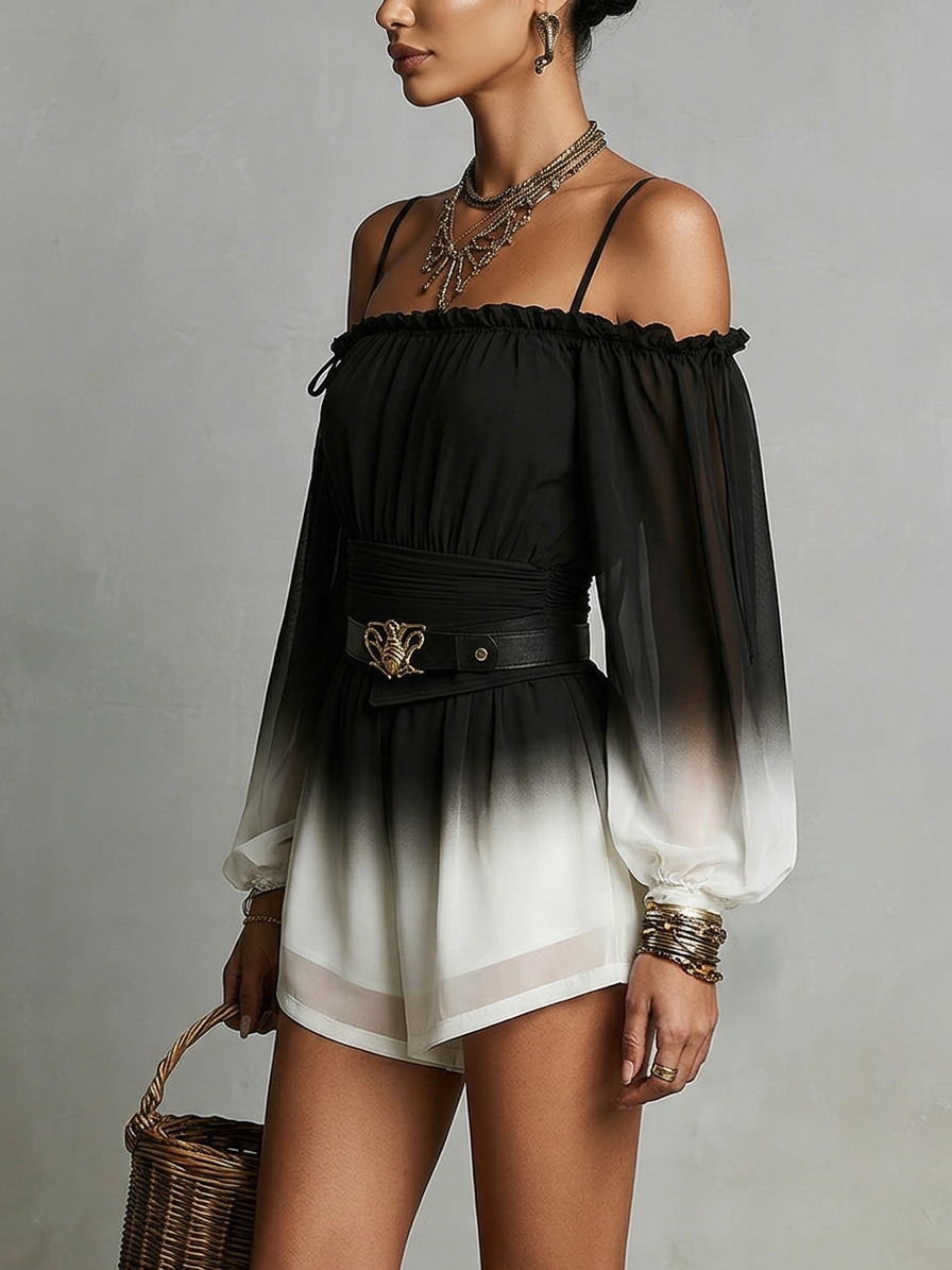 Chiffon Jumpsuit Gradient Black and White with Off-Shoulder Straps (with belt)