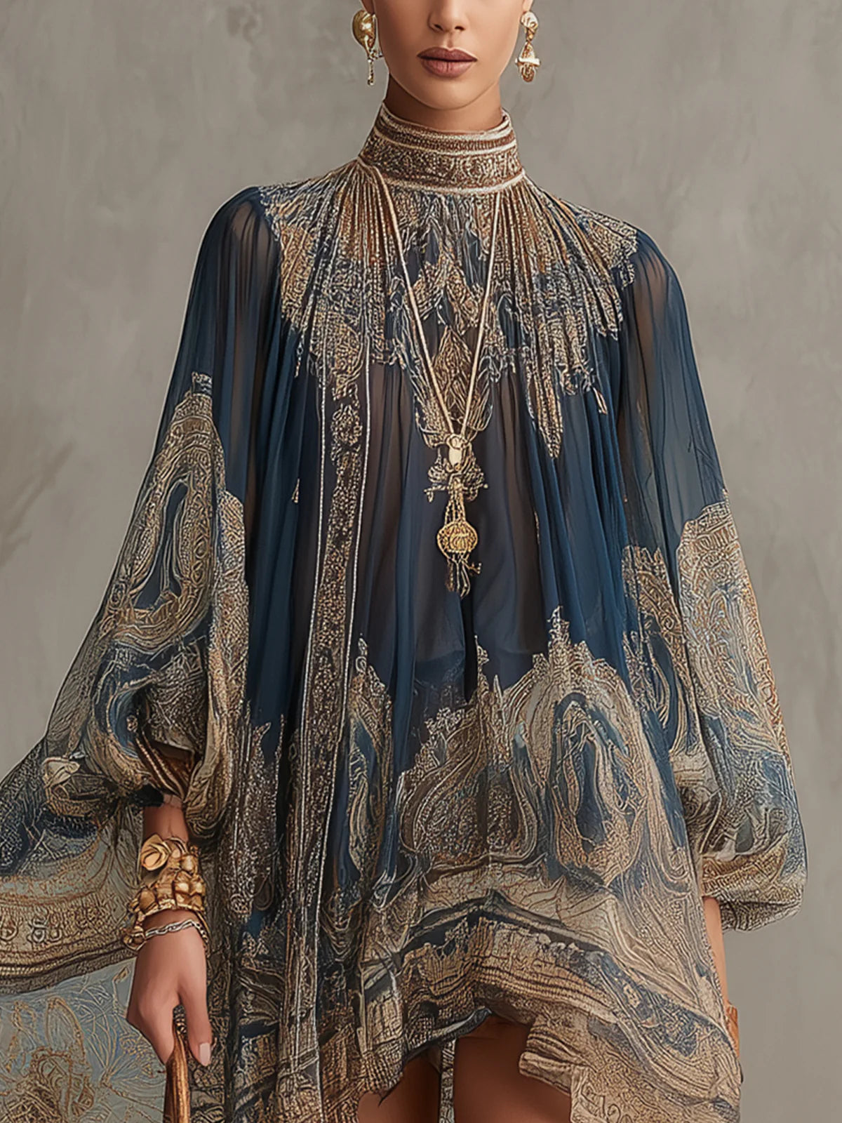 Irregular Chiffon Mini Dress with Navy Blue Baroque Print and High Neck