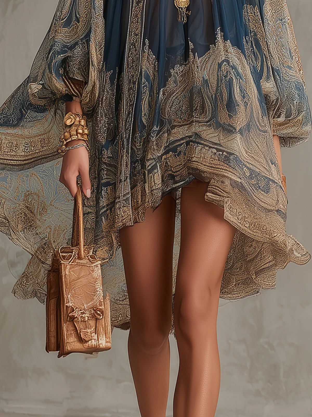 Marianna - Mini dress in navy blue chiffon with golden baroque print