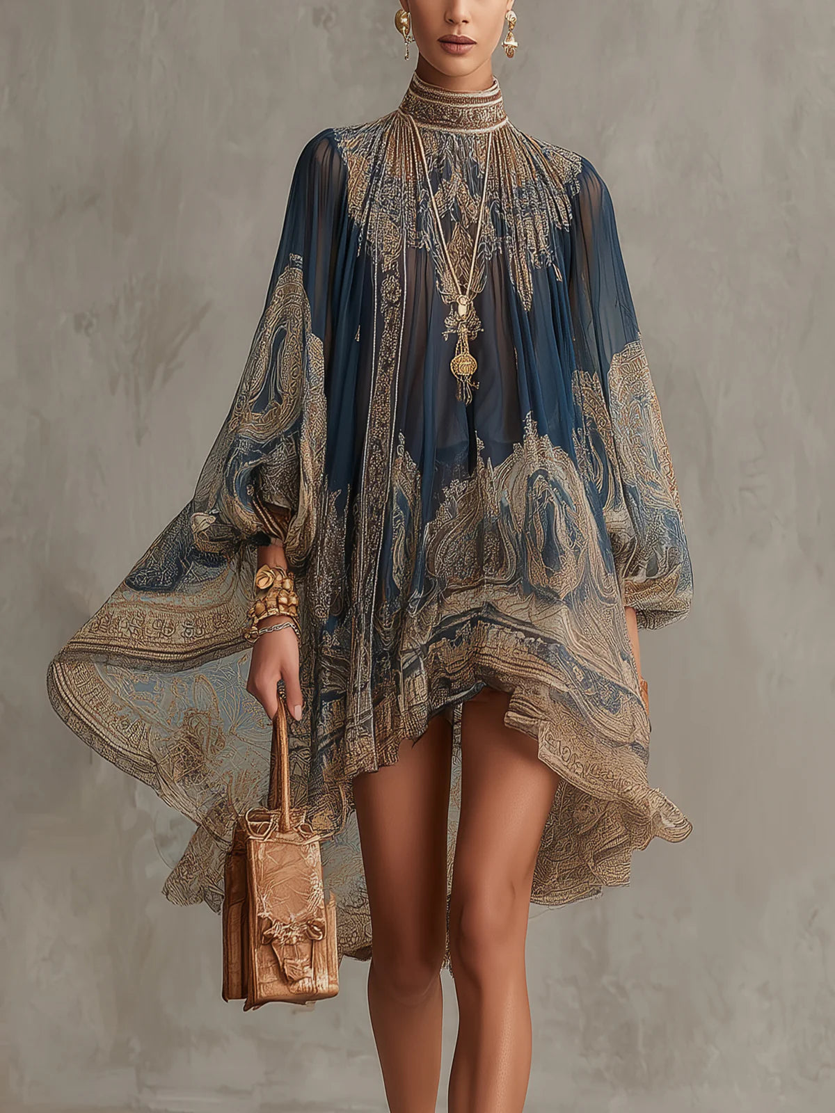 Irregular Chiffon Mini Dress with Navy Blue Baroque Print and High Neck