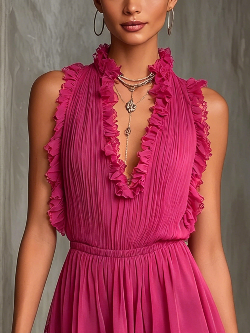 Pleated Chiffon Jumpsuit with Fuchsia Striped Trim