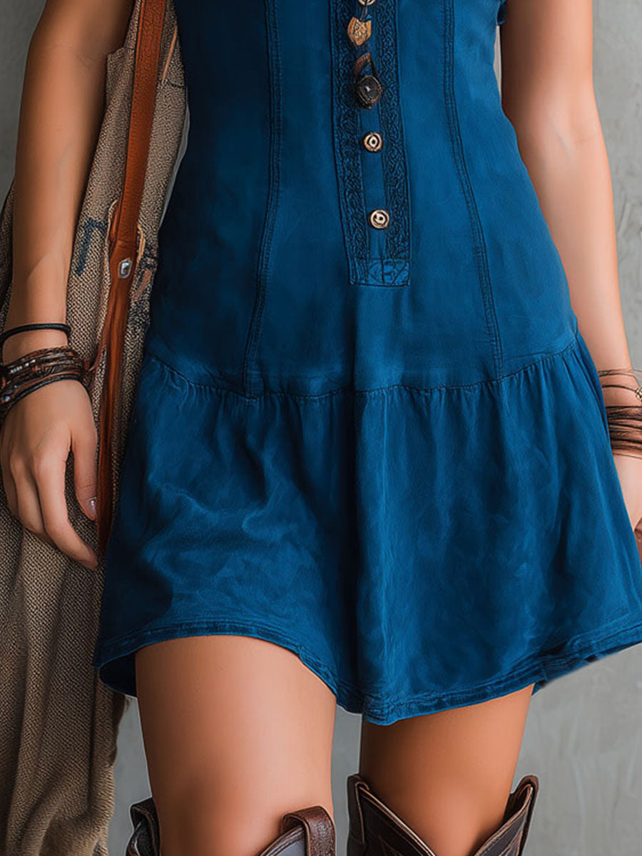 Sleeveless Mini Dress with V-Neck and Buttons Bohemian Indigo